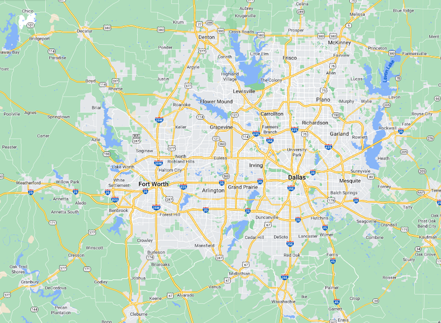 large area map of Dallas-Fort Worth showing cities